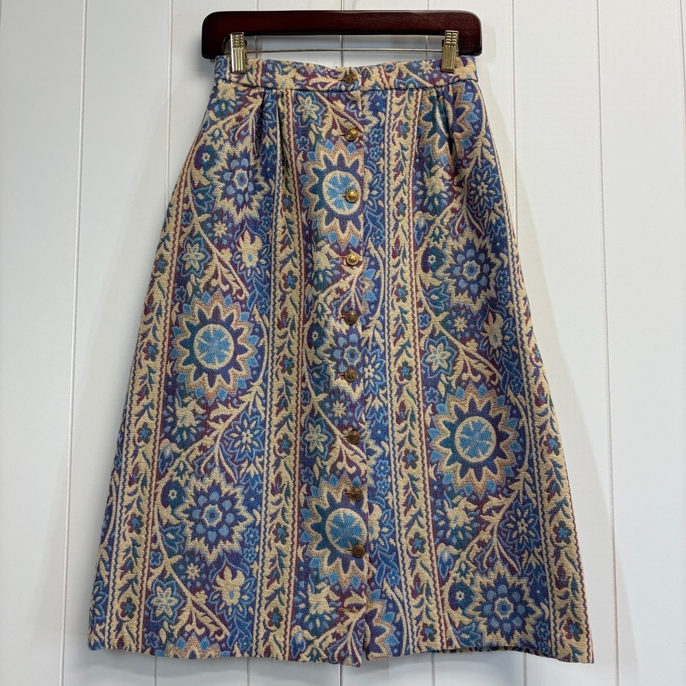 Vintage Patty Woodard Womens 60s 70s Boho Tapestry Button Up Skirt Size S Retro
